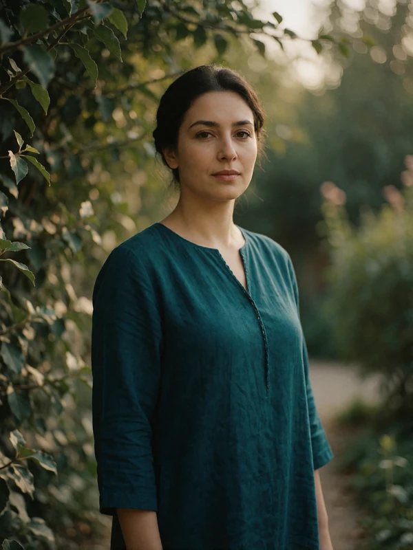 Turkmen woman in a deep teal tunic standing calmly in a shaded garden