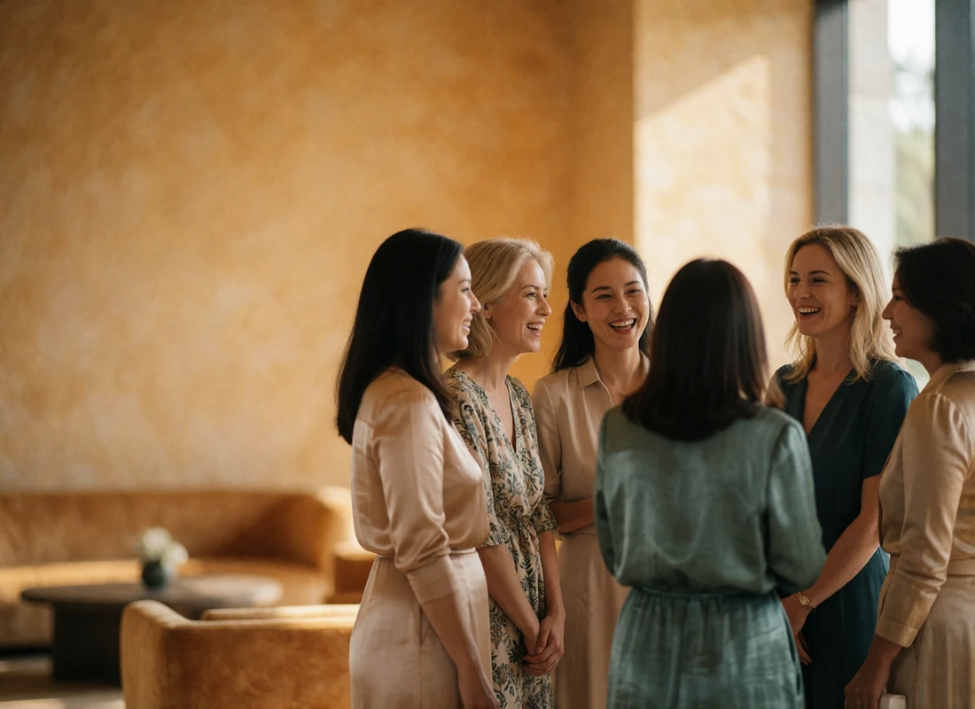 Mixed group of Malaysian women and international guests laughing together in a bright modern lounge
