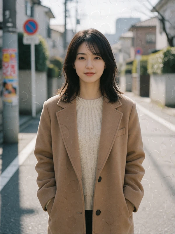 Japanese woman in a camel coat standing on a quiet residential street, an example EasternSingles member profile photo