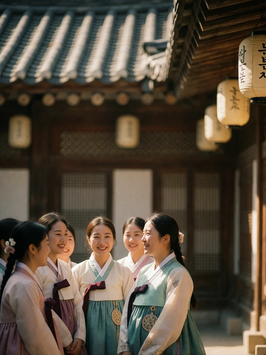 Group of Korean women in traditional hanbok sharing a joyful moment in a historic wooden courtyard