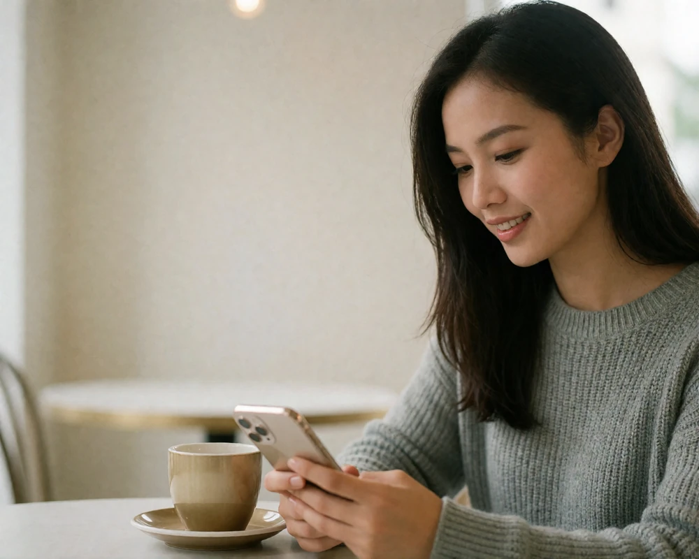 Thoughtful Vietnamese woman smiling at her phone while composing a reply at a bright minimalist café table