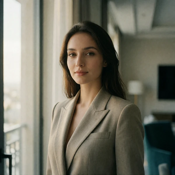 Uzbek woman in a tailored neutral blazer standing near a window in a contemporary interior
