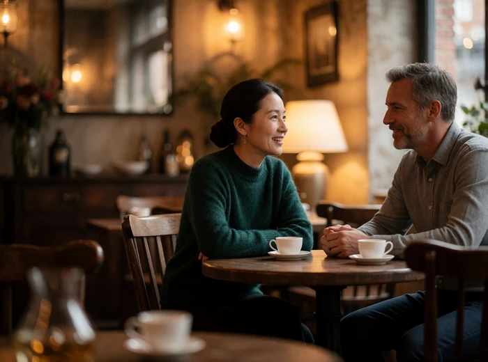 Chinese woman and Western man seated together at a small wooden table in a quiet tea house