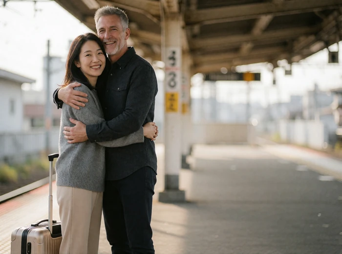 Japanese woman and Western man embracing warmly on a quiet train platform with a small travel bag beside them