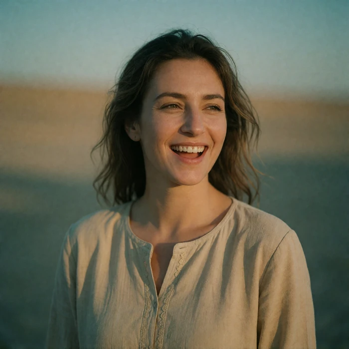 Turkmen woman in a sand-toned tunic laughing gently while glancing slightly off camera