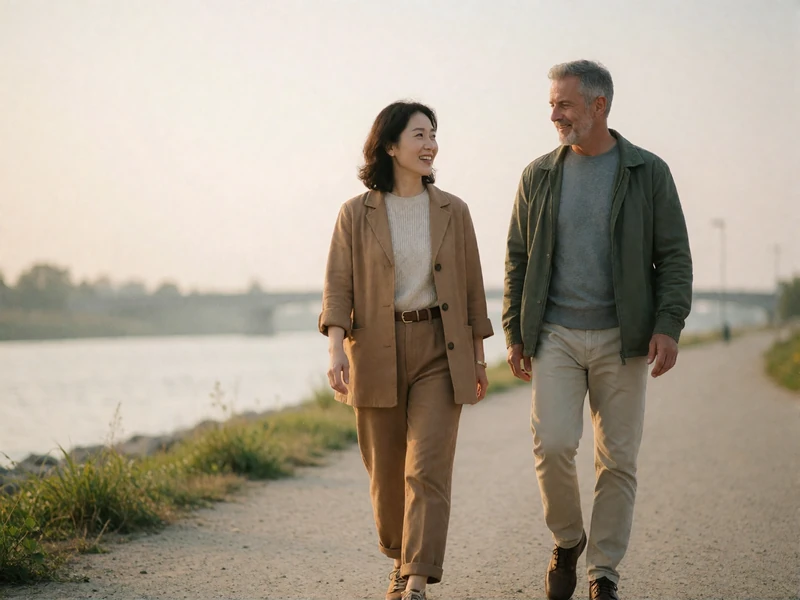 Korean woman and Western man walking side by side along a broad riverside path