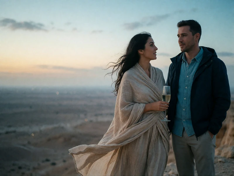 Jordanian woman and Western man standing together at a desert overlook at dusk