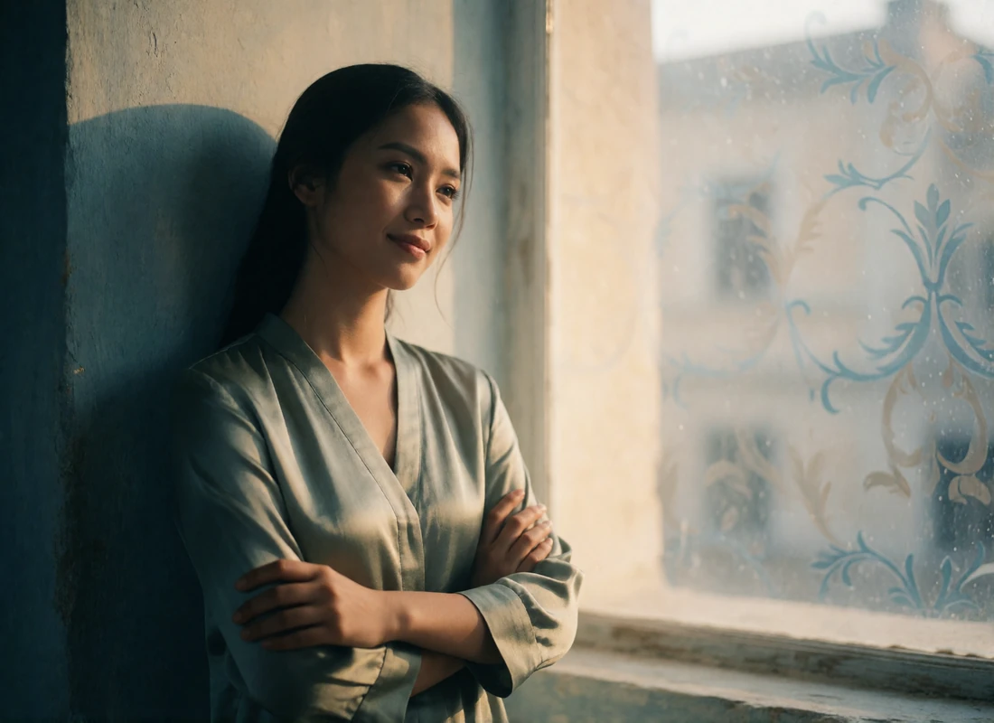 Southeast Asian woman in a sage silk blouse leaning against a sunlit wall, listening with a faint smile