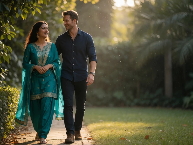 Indian woman in a teal salwar suit and Western man laughing together while walking along a shaded garden path