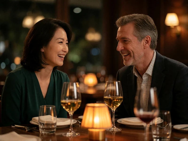 Korean woman and Western man laughing together across a corner of an elegant dining table