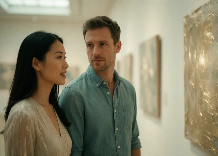 Asian woman and Western man standing close together in quiet conversation inside a bright gallery space