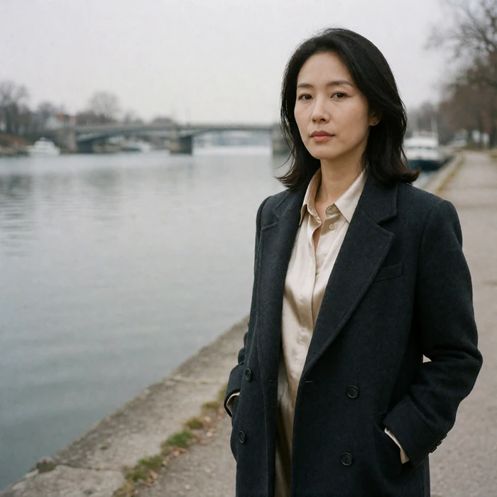 Korean woman in a charcoal coat standing calmly on a quiet riverside path