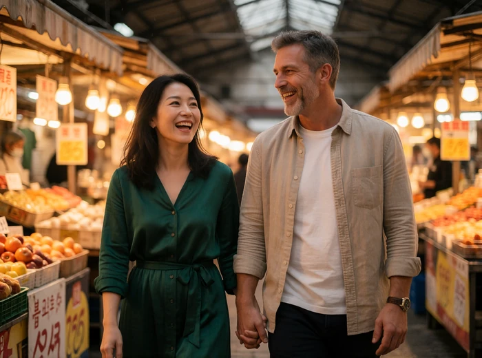 Korean woman and Western man walking through a covered market lane, laughing together
