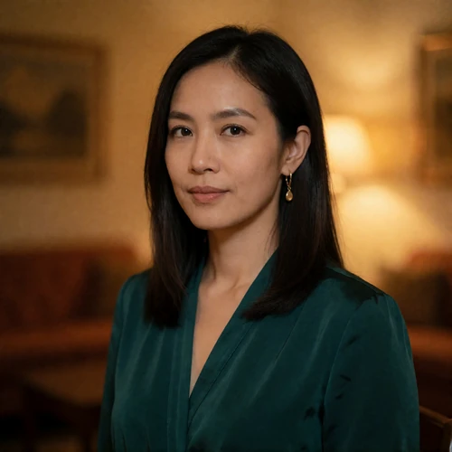Malaysian woman in her early thirties in a deep emerald blouse, photographed in a warm amber interior