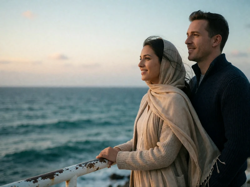 Yemeni woman and Western man standing together at a seaside railing at dusk