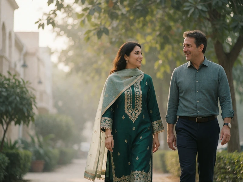 Pakistani woman in a modest kameez and a Western man walking together along a tree-lined avenue in morning light