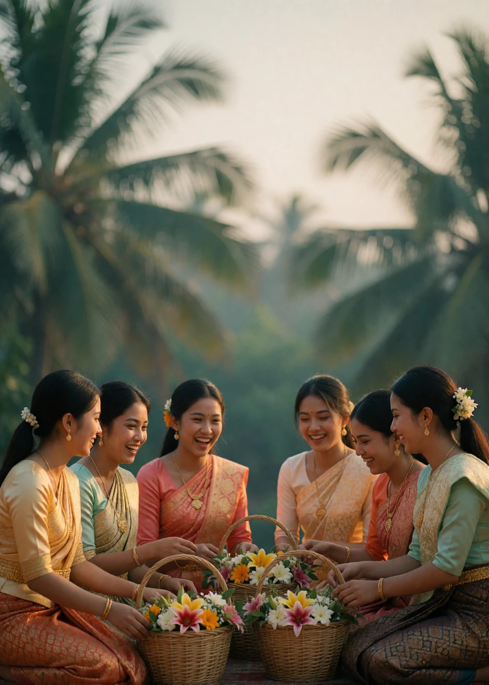 Group of Cambodian women in traditional silk sampot skirts laughing together while arranging flowers during an outdoor festival