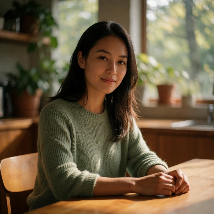 Filipina woman in her thirties smiling calmly at a sunlit dining table in a modern home