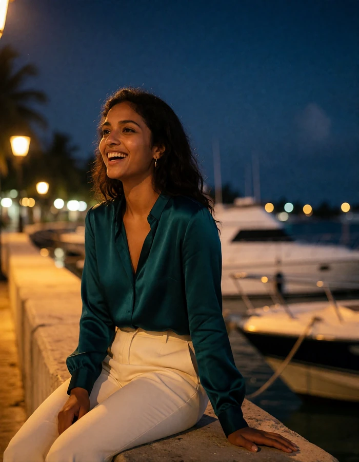Maldivian woman in her late twenties seated on a harbour wall at dusk with moored boats behind her