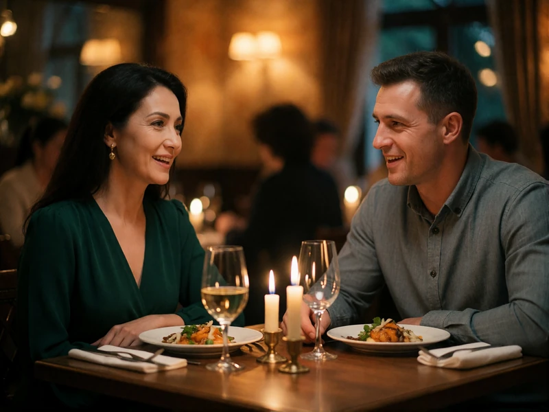 Couple mid-conversation across a small dining table in a warm candlelit restaurant