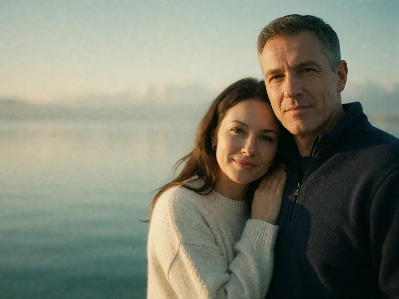 Couple in their forties standing together at a calm lakeside, smiling toward the camera