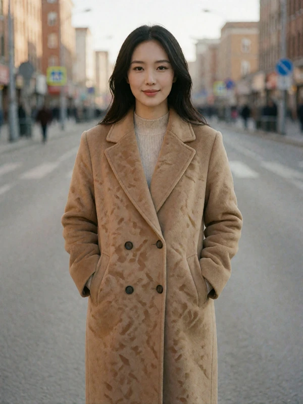 Mongolian woman in a camel wool coat smiling on a quiet city street, an example EasternSingles member profile photo