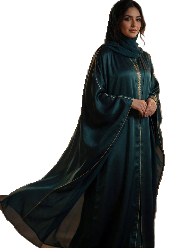Yemeni woman in a flowing deep jade abaya with gold trim, standing gracefully with a serene expression