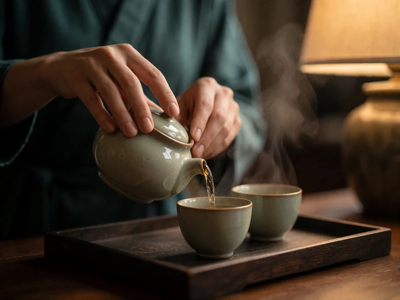 Woman pouring pale tea from a ceramic pot into two small cups on a dark wooden tray