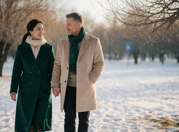 Mongolian woman and Western man walking hand in hand through a snow-dusted park