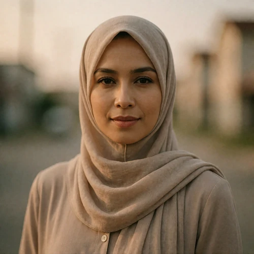 Bruneian woman in her early thirties in a soft beige scarf with a calm friendly expression