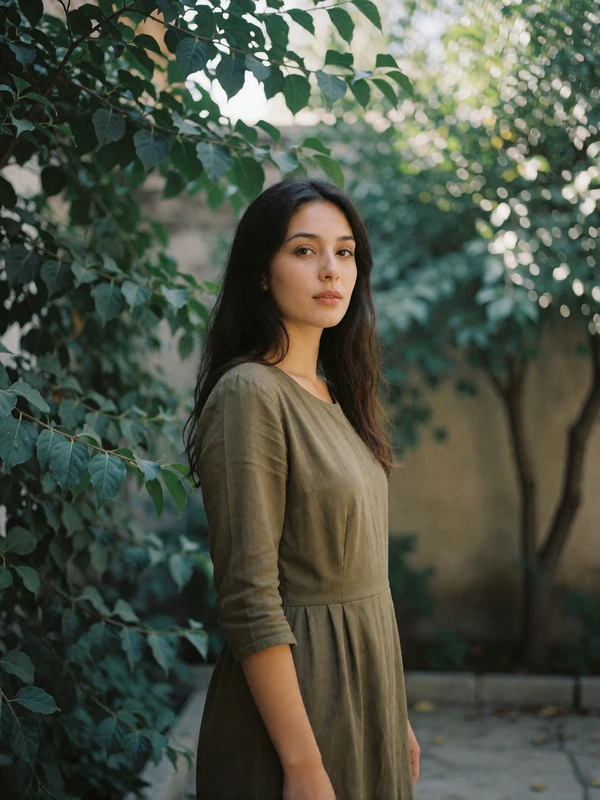 Tajik woman in her early thirties wearing a modest olive dress in a leafy courtyard