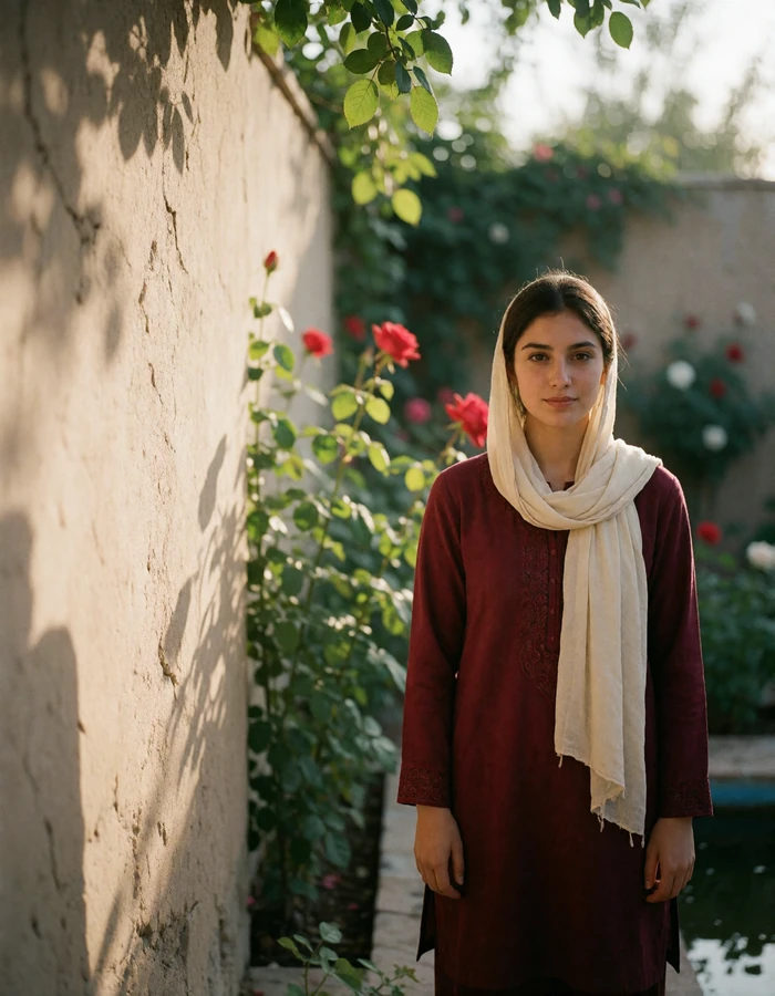 Afghan woman in her mid twenties in a burgundy tunic standing in a walled rose garden courtyard