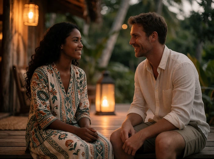 Timorese woman and Western man seated together on a lamplit wooden veranda in relaxed conversation