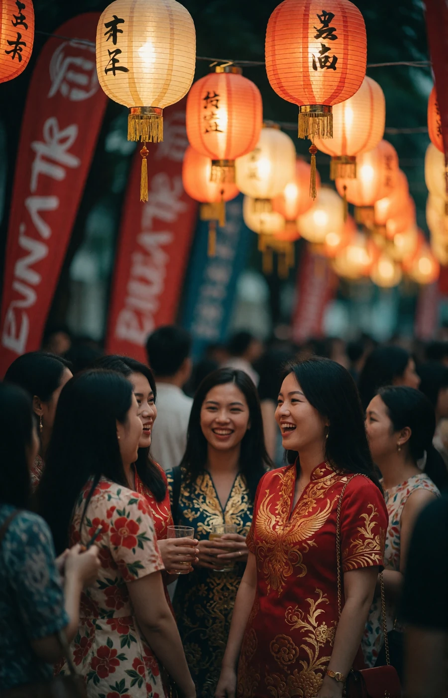 Group of Singaporean women laughing together under hanging paper lanterns during an evening street celebration