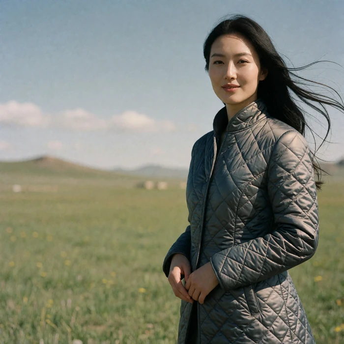 Mongolian woman in a quilted jacket standing confidently on open grassland with the wind in her hair
