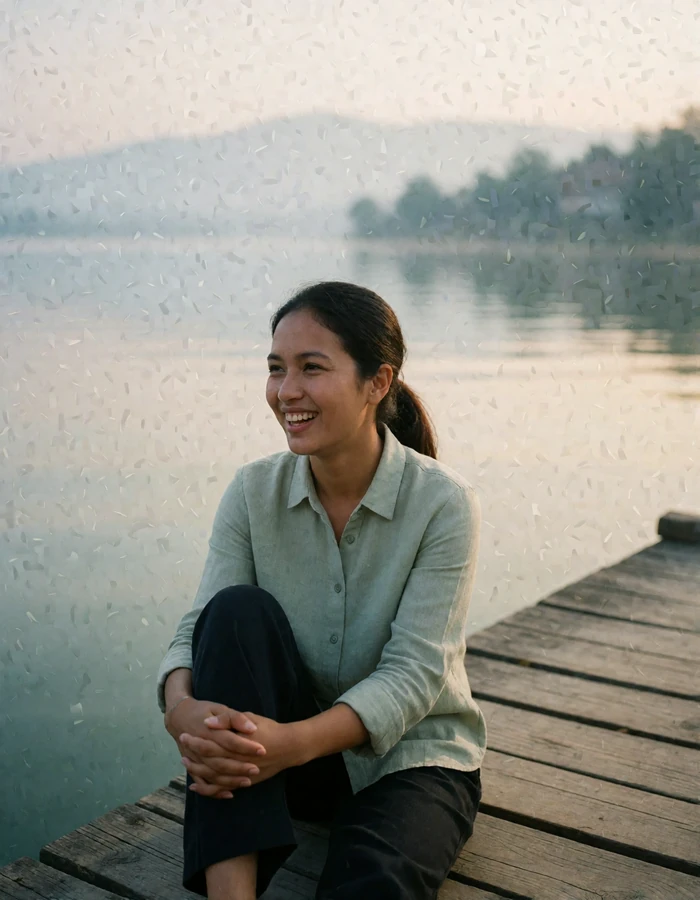 Nepali woman in a pale sage linen shirt seated on a wooden lakeside jetty with hazy hills behind her