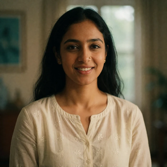 Indian woman in her early thirties in an ivory cotton kurta smiling warmly indoors, a verified EasternSingles member