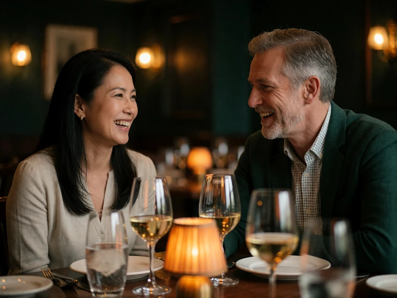 Filipina woman and Western man laughing together across a corner of a fine dining table in warm lamplight
