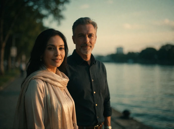 Bruneian woman and Western man standing side by side on a quiet riverfront walkway at dusk