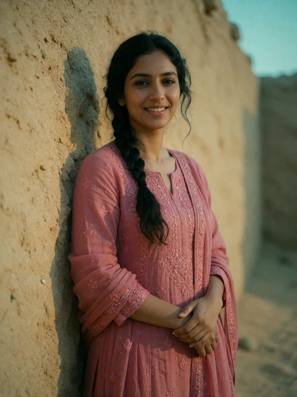 Indian woman in her early thirties in a rose-pink embroidered salwar suit beside a sandstone wall