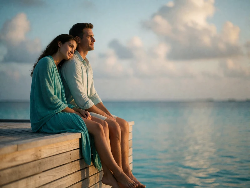 Maldivian woman resting her head on a Western man's shoulder on an overwater timber deck