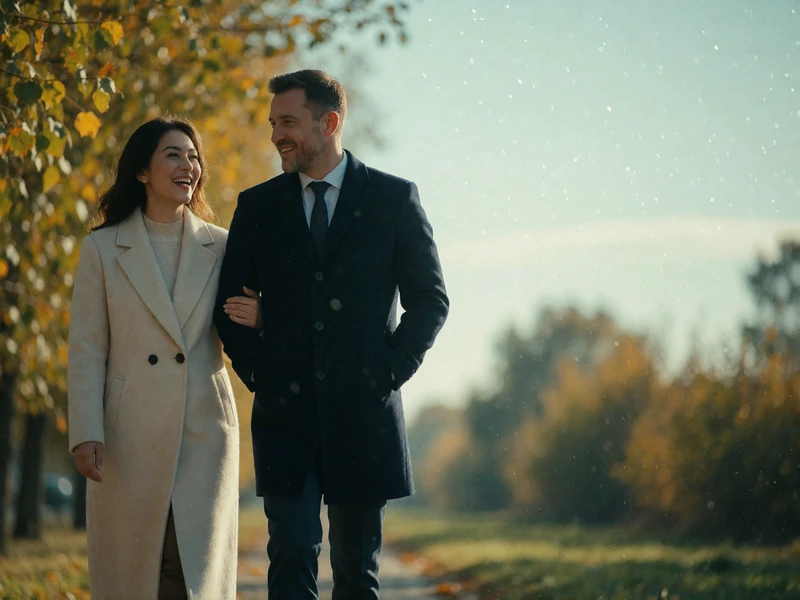 Couple walking arm in arm along a tree-lined path at golden hour