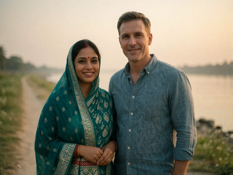 Bangladeshi woman and Western man standing side by side on a quiet riverside path in late-afternoon light