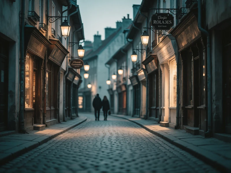 Narrow old-town street lined with warm hanging lanterns at dusk with a couple walking away in the distance