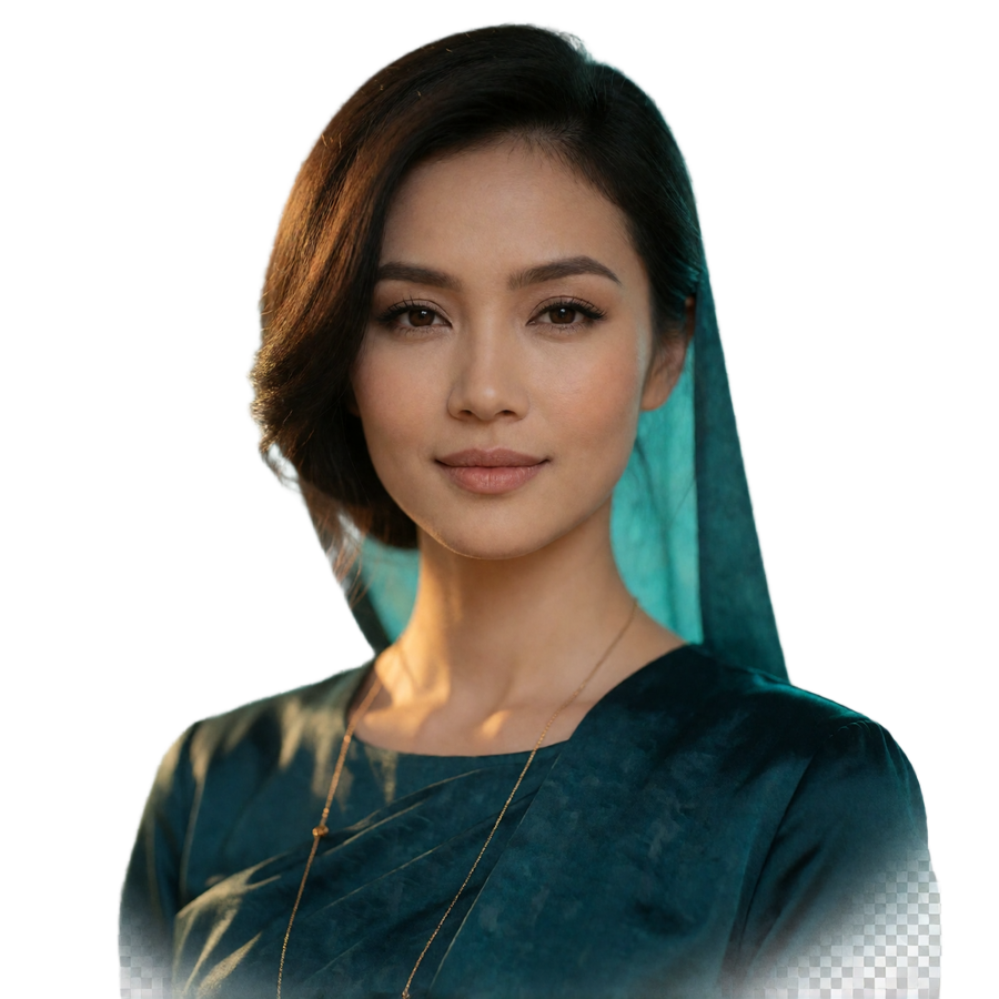 Burmese woman in her early thirties with composed confident poise under warm evening light