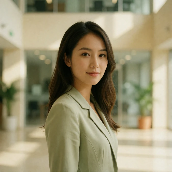 Vietnamese woman in her late twenties standing in a bright modern office lobby