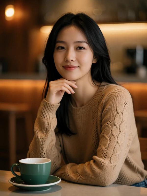 Korean woman resting her chin on her hand at a minimalist cafe table in warm lamplight