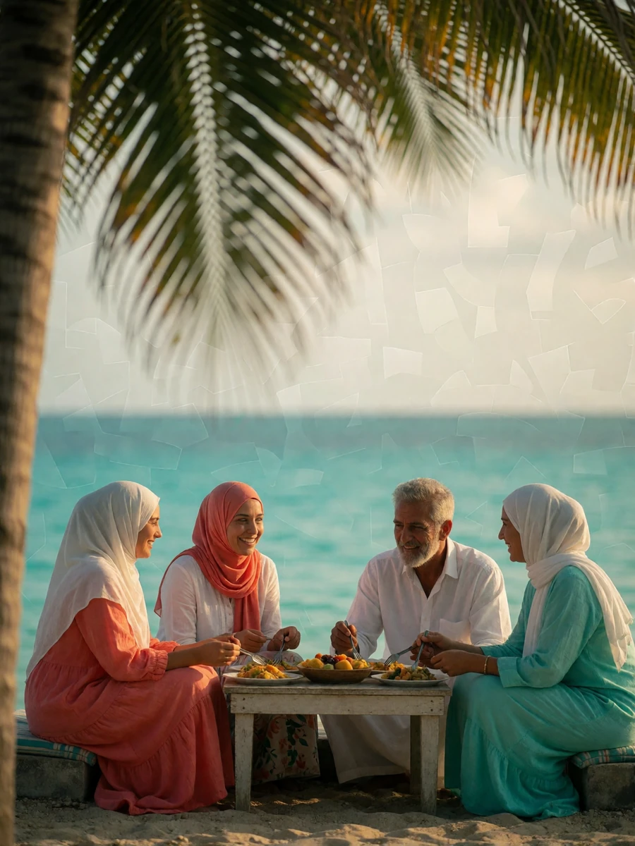 Extended Maldivian family gathered around shared food on a shaded shoreline terrace