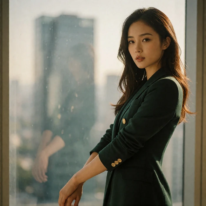 Chinese woman in a tailored dark green blazer standing beside a window in a modern high-rise office