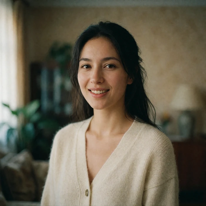 Kyrgyz woman in her early thirties smiling warmly indoors in soft window light
